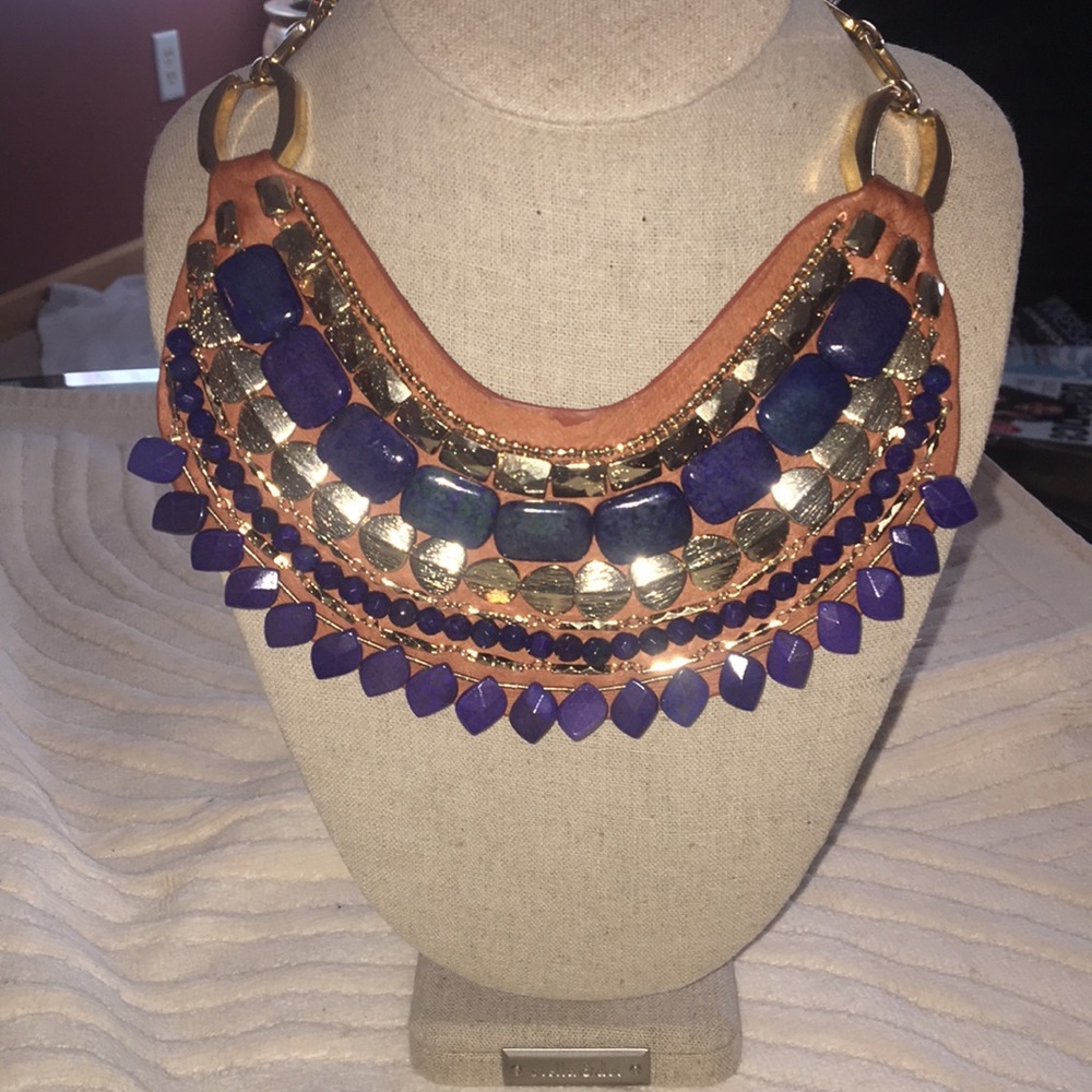 Stella & Dot blue & gold tribal statement necklace
